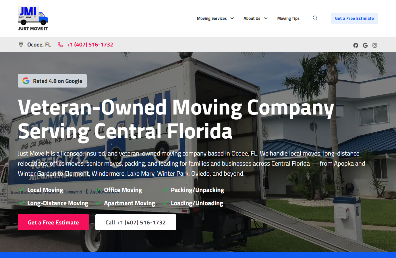A moving truck labeled Just Move It is parked outside a residential building. Text highlights the company as veteran-owned, serving Central Florida, and ranks among the Best Moving Companies Orlando residents trust, with contact options shown.